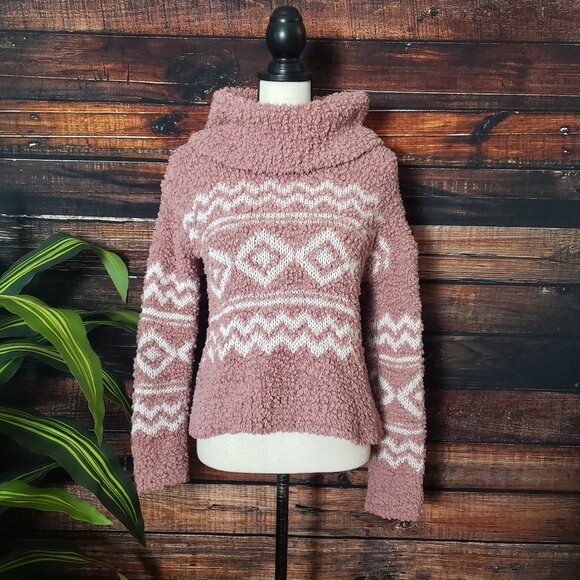 Hippie Rose Sweater M Pink White Tribal Chunky Knit Super SOFT Cowl Turtleneck - Picture 8 of 11
